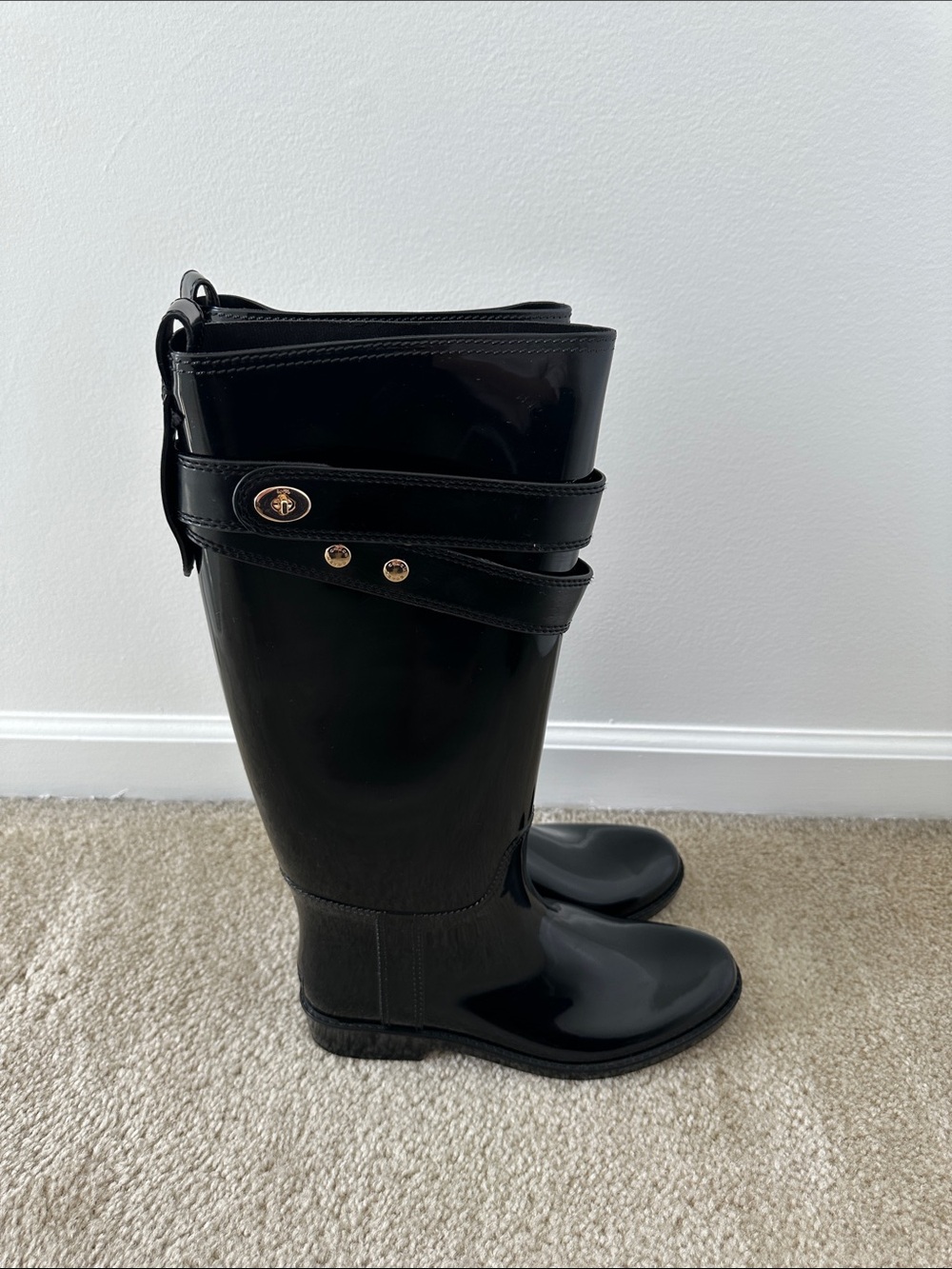 Coach Patent Black Knee-High Rain Boots with Gold Accent - Picture 4 of 14